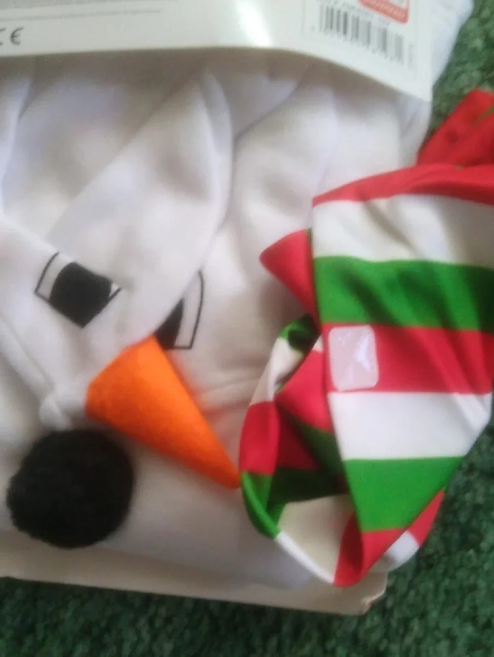 Morphe White Snowman Costume with Green and Orange Striped Scarf